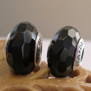 Set of 2 Fascinating Black Pandora Murano Glass Charms Faceted Beads Halloween